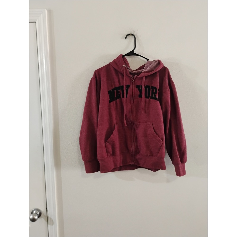 New York Popular Zip Up Hoodie Maroon Burgundy Heather Sweatshirt Medium
